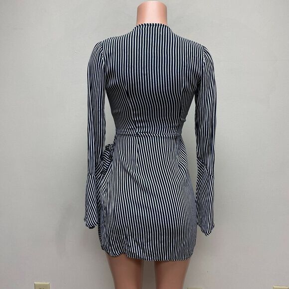 Faithfull Womens Navy Blue White Stripe Long Sleeve Tie High V-Neck Wrap Dress 2 - Picture 4 of 8